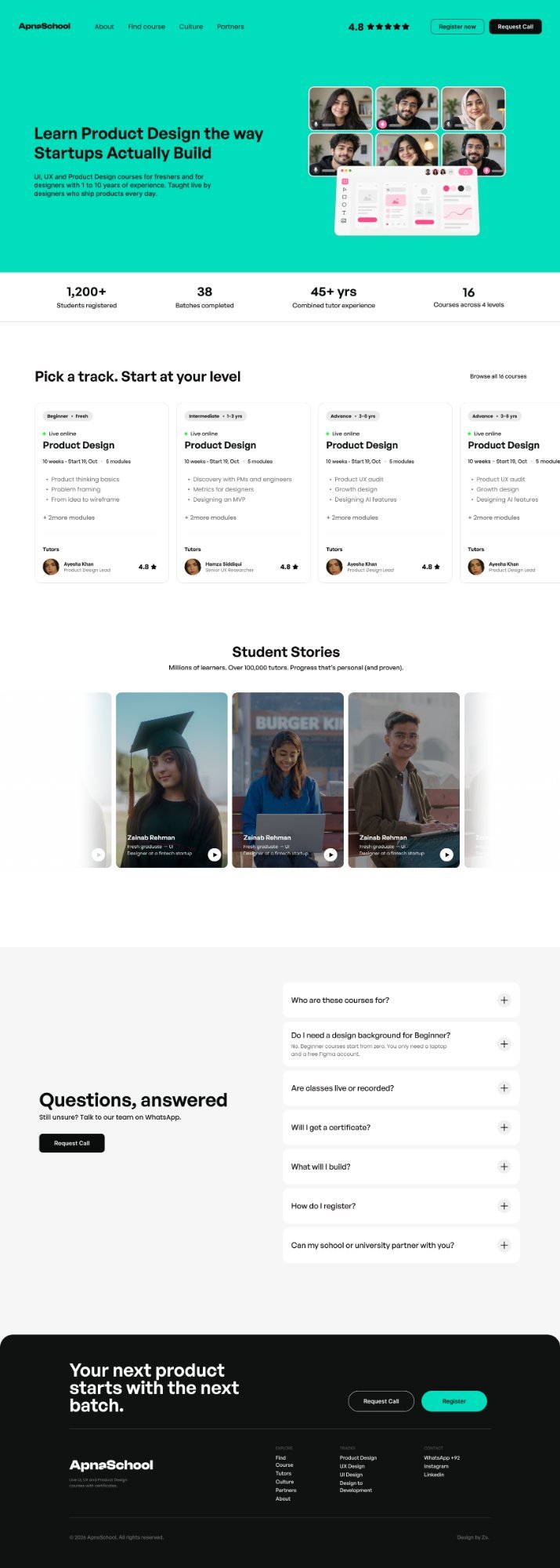Home page: teal hero, numbers, tracks by level and student stories