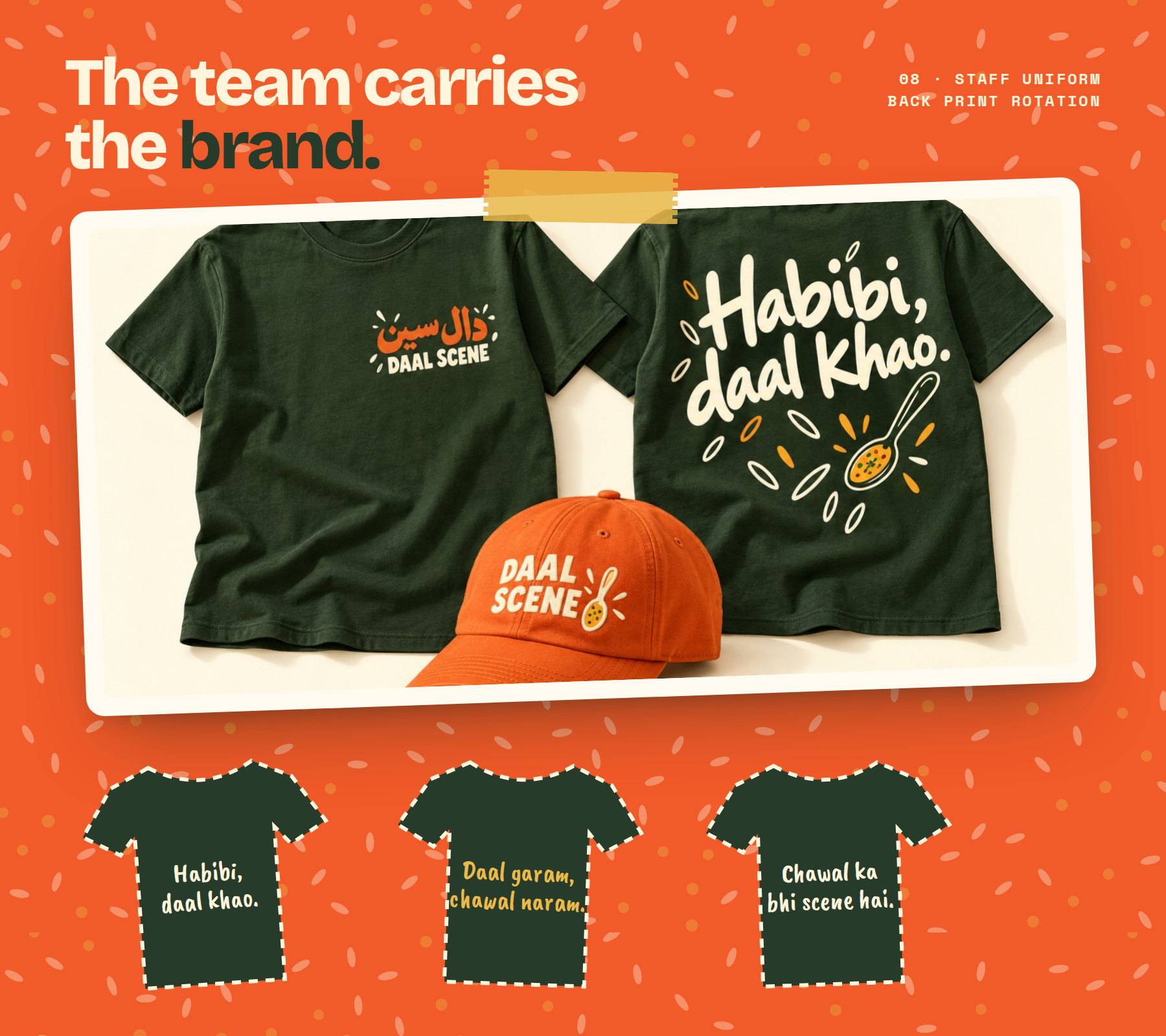 Olive staff tees and orange cap with the back-print rotation