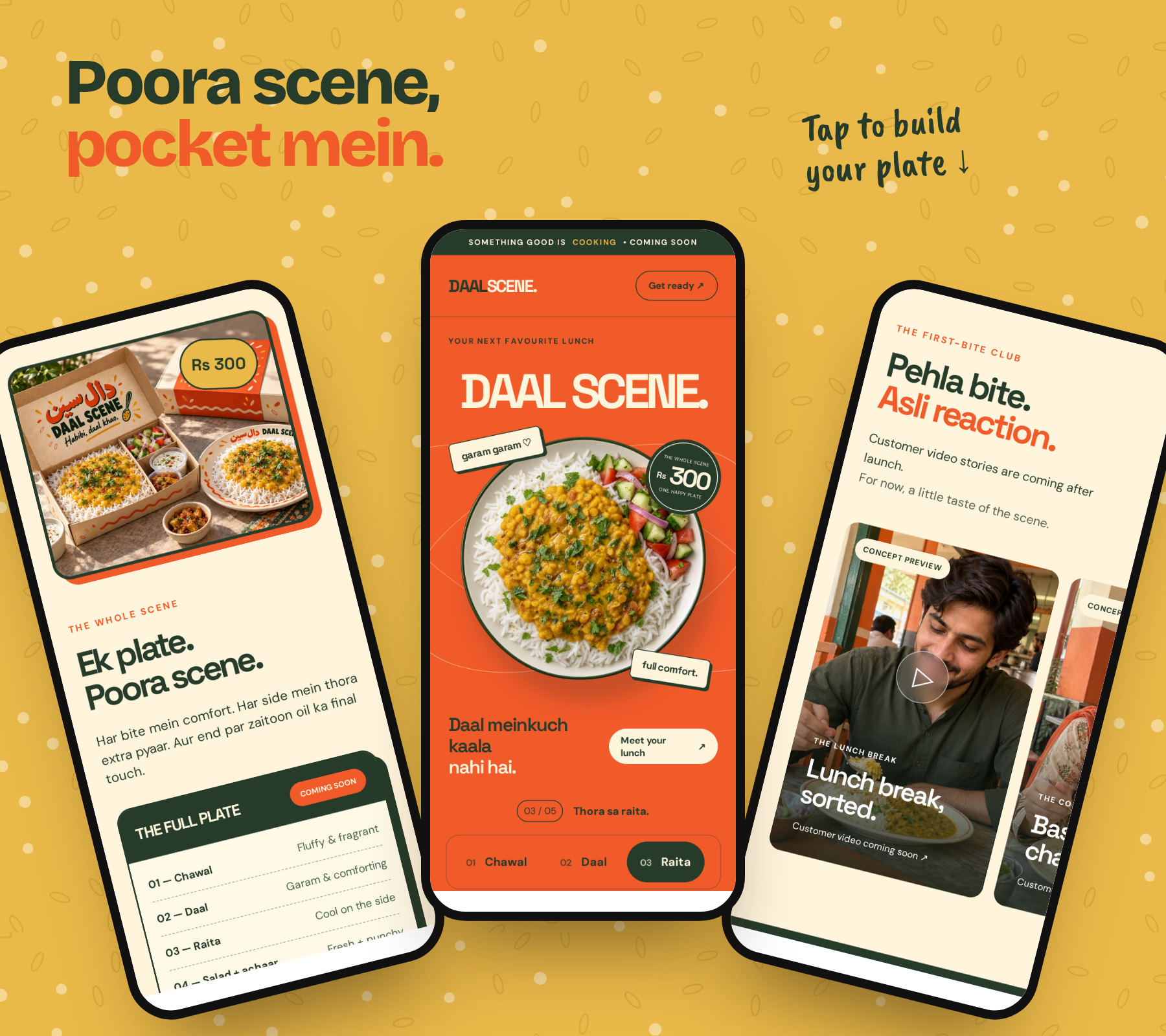 Three mobile screens fanned out on haldi yellow