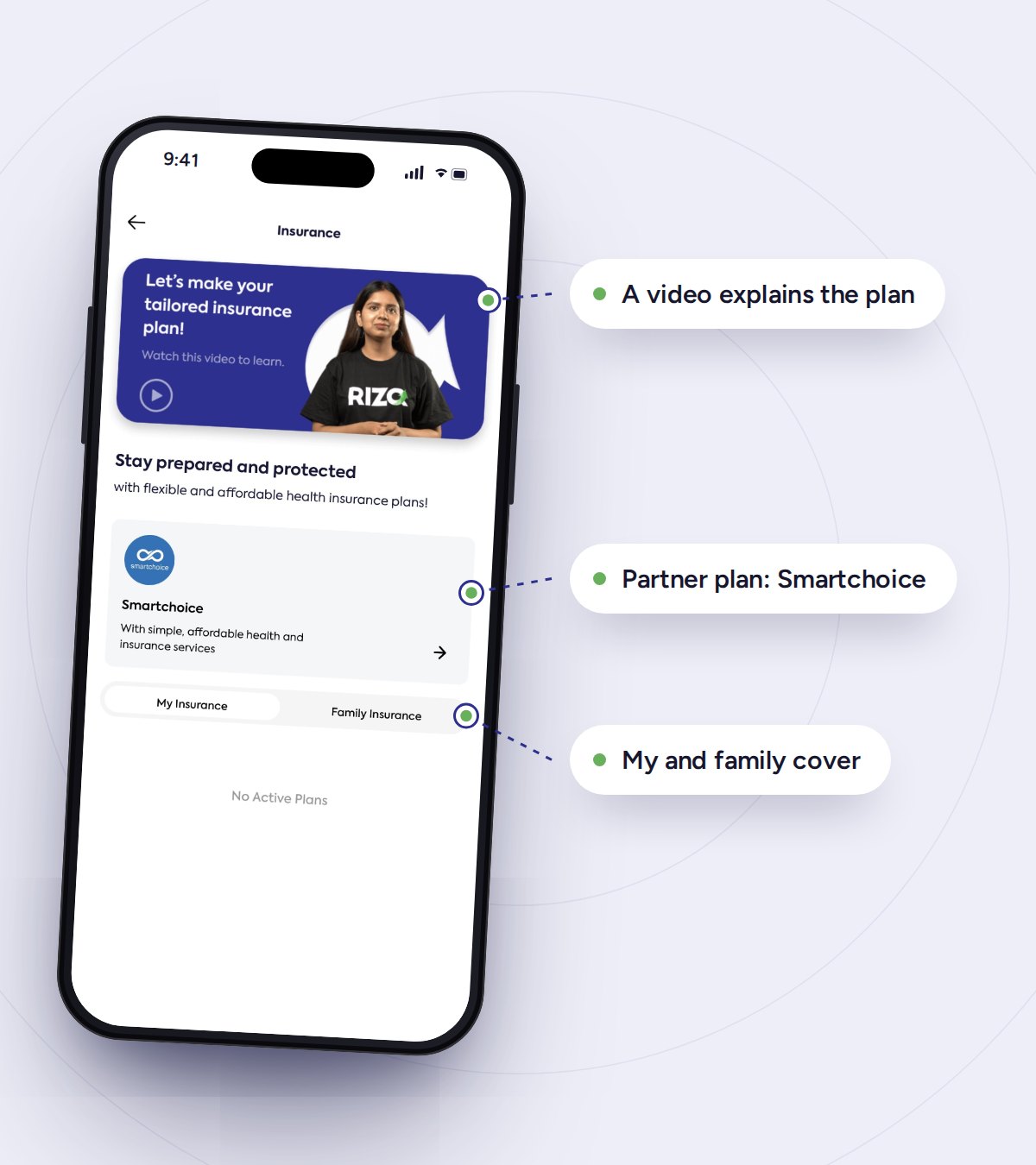 Insurance screen: video banner, Smartchoice partner plan, and My Insurance and Family Insurance tabs