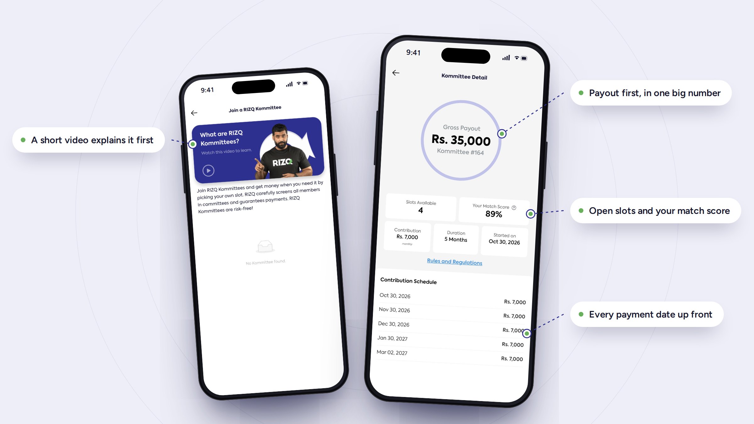 Join a RIZQ Kommittee screen with a video banner, and the Kommittee detail screen with payout, slots, match score and schedule