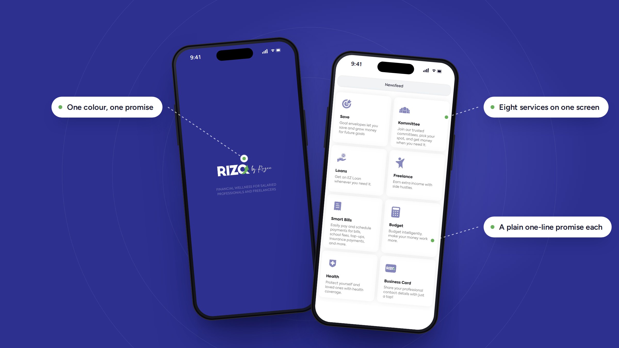Splash screen and home screen with eight service cards